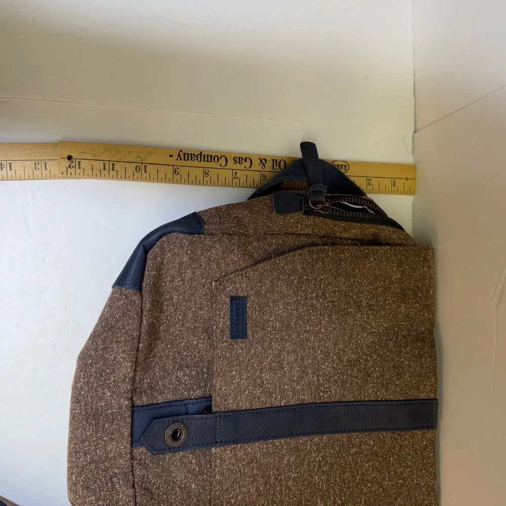 Timbuk2 Messenger Bag Brown Tweed Navy Blue Leather Trim Crossbody Laptop Bag